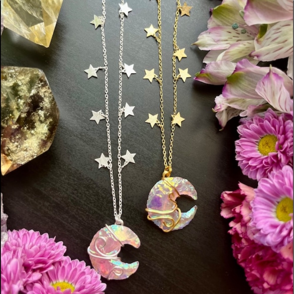 Mini Angel Aura Coated Rose Quartz Crescent Moon Necklace